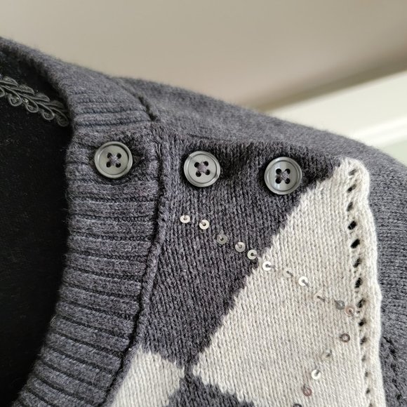 Banana Republic Silver Sequins Argyle Grey Sweater Size Small - Picture 4 of 7